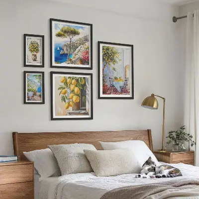 Billedkomposition til væg med citrus inspirationer og sol