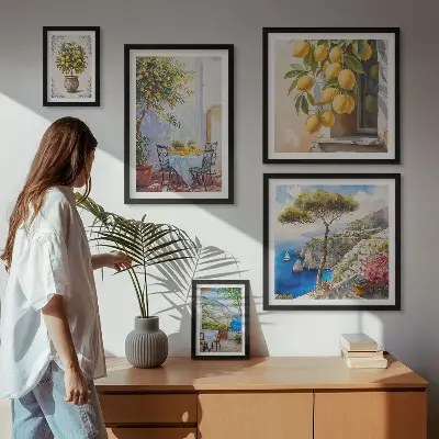 Billedkomposition til væg med citrus inspirationer og sol