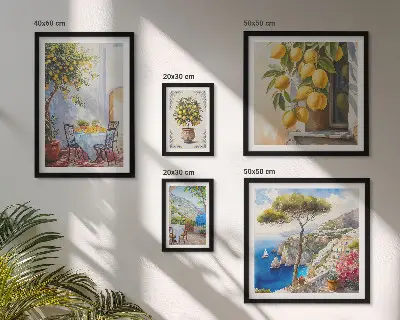 Billedkomposition til væg med citrus inspirationer og sol