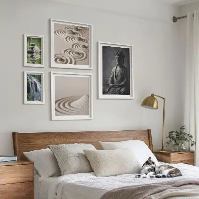 Billedsæt til sofa med afslappende motiver af zen-natur