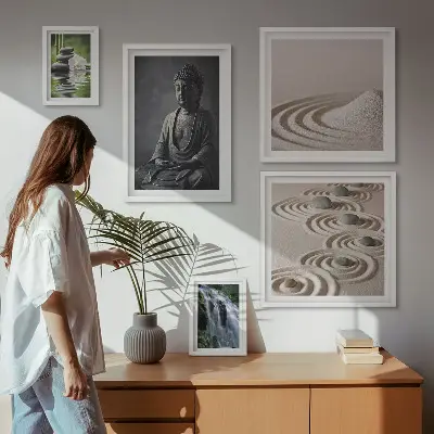 Billedsæt til sofa med afslappende motiver af zen-natur