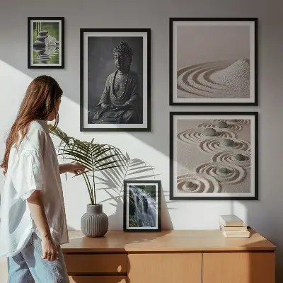 Billedsæt til sofa med afslappende motiver af zen-natur
