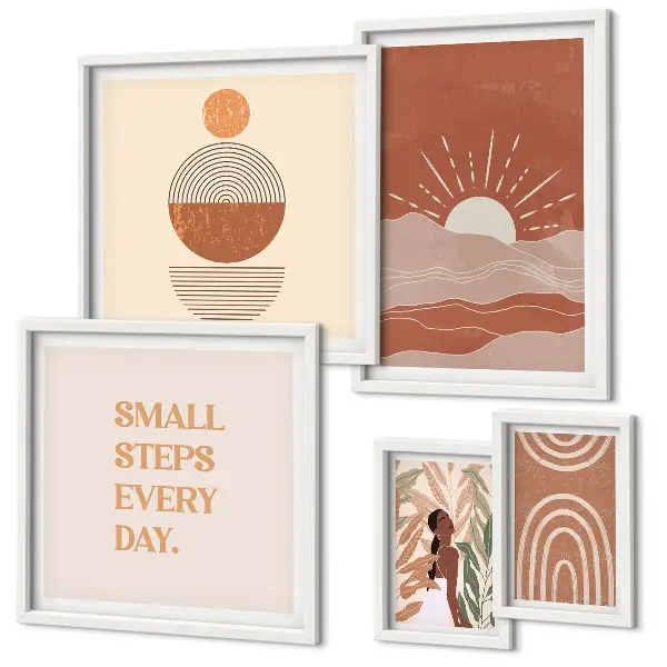 Billedkomposition til væg med naturpositive slogans i boho-stil
