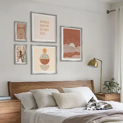 Billedkomposition til væg med naturpositive slogans i boho-stil
