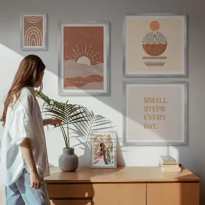 Billedkomposition til væg med naturpositive slogans i boho-stil
