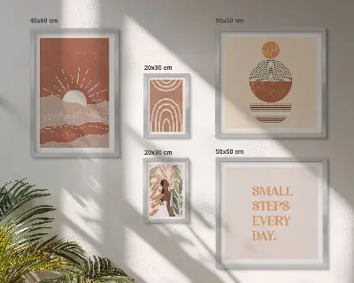 Billedkomposition til væg med naturpositive slogans i boho-stil