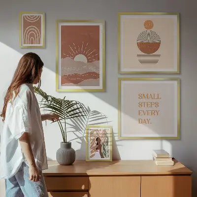 Billedkomposition til væg med naturpositive slogans i boho-stil