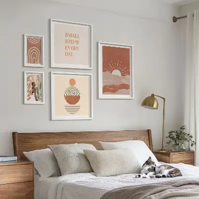 Billedkomposition til væg med naturpositive slogans i boho-stil