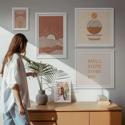 Billedkomposition til væg med naturpositive slogans i boho-stil