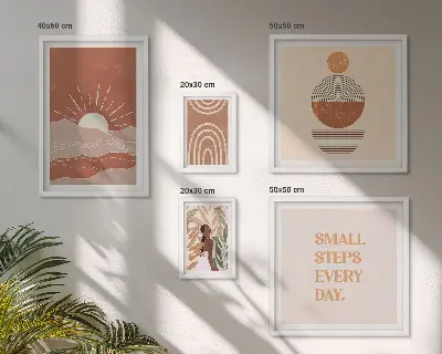 Billedkomposition til væg med naturpositive slogans i boho-stil