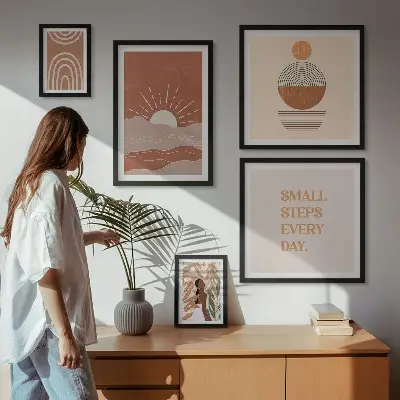 Billedkomposition til væg med naturpositive slogans i boho-stil