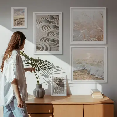 Billedsæt over sofa med afslappende naturlandskaber