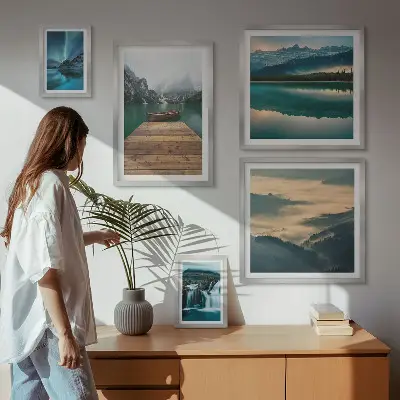 Vægdekoration med landskab billedkomposition med vandfald og bjerge