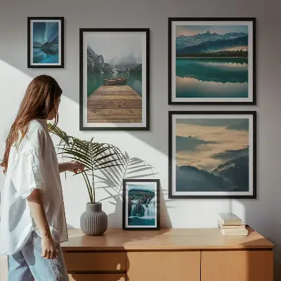 Vægdekoration med landskab billedkomposition med vandfald og bjerge