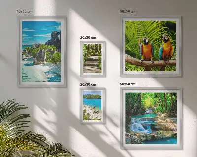 Billedsæt over sofa med motiv af tropiske landskaber med fugle og vandfald