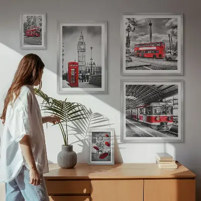 Billedsæt til væg over sofa motiver fra London med farveaccenter