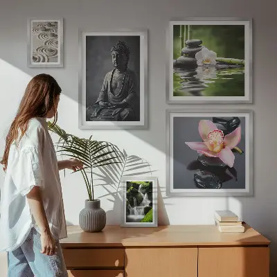 Billedsæt over sofa med motiver af den afslappende zen-atmosfære i naturen