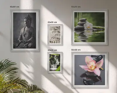 Billedsæt over sofa med motiver af den afslappende zen-atmosfære i naturen