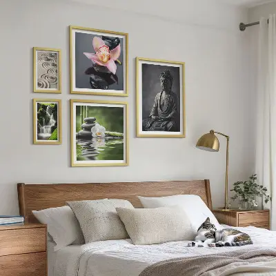 Billedsæt over sofa med motiver af den afslappende zen-atmosfære i naturen