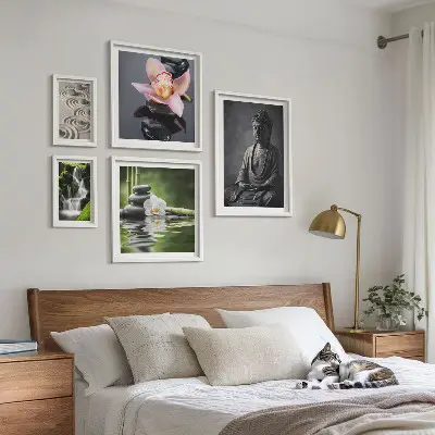 Billedsæt over sofa med motiver af den afslappende zen-atmosfære i naturen