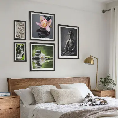 Billedsæt over sofa med motiver af den afslappende zen-atmosfære i naturen