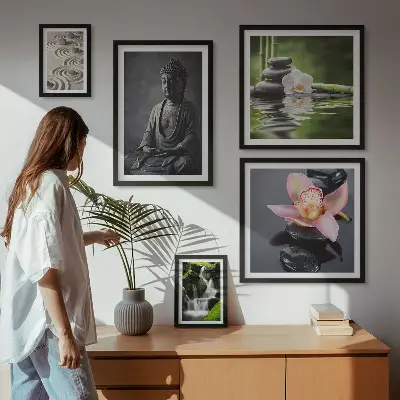 Billedsæt over sofa med motiver af den afslappende zen-atmosfære i naturen