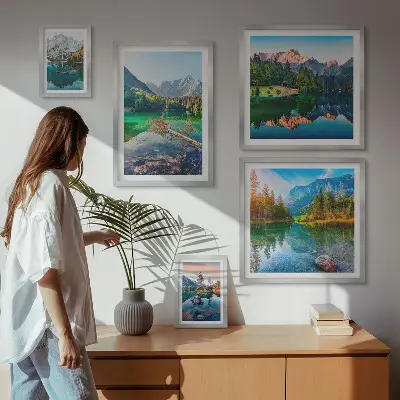 Billedkomposition til væg med bjerglandskaber, søer og skove