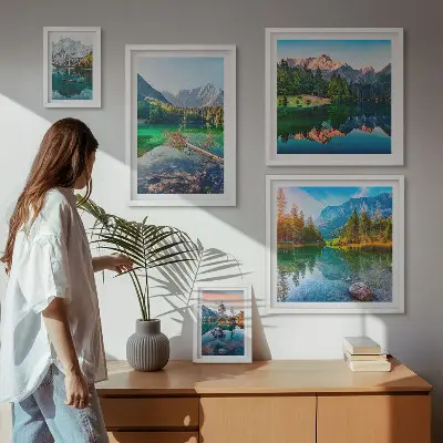 Billedkomposition til væg med bjerglandskaber, søer og skove