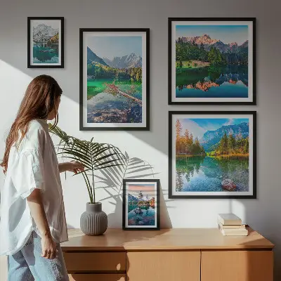 Billedkomposition til væg med bjerglandskaber, søer og skove