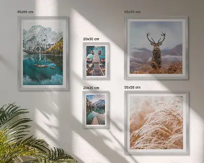 Billedsæt over sofa med motiv af bjerglandskaber og natur