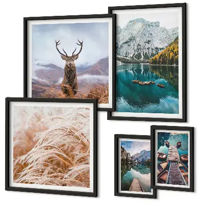 Billedsæt over sofa med motiv af bjerglandskaber og natur