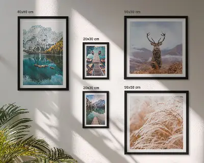 Billedsæt over sofa med motiv af bjerglandskaber og natur