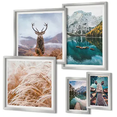 Billedsæt over sofa med motiv af bjerglandskaber og natur