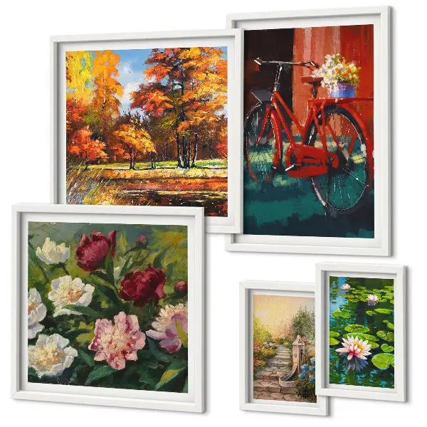 Billedsæt over sofa med motiv af blomstercykler i naturen