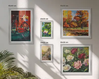 Billedsæt over sofa med motiv af blomstercykler i naturen