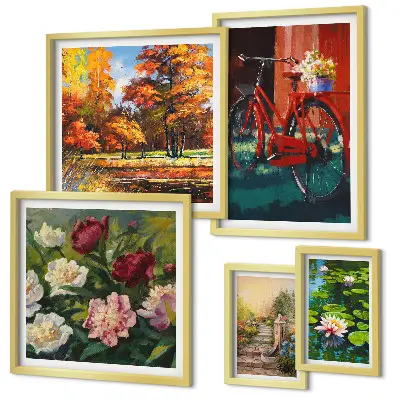Billedsæt over sofa med motiv af blomstercykler i naturen