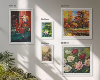 Billedsæt over sofa med motiv af blomstercykler i naturen