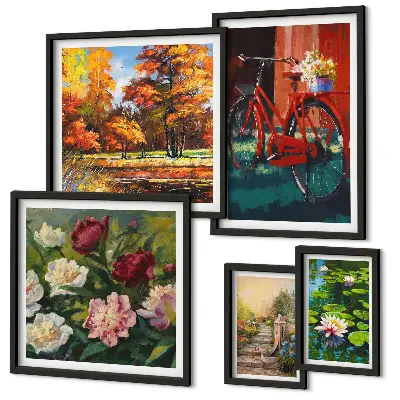 Billedsæt over sofa med motiv af blomstercykler i naturen