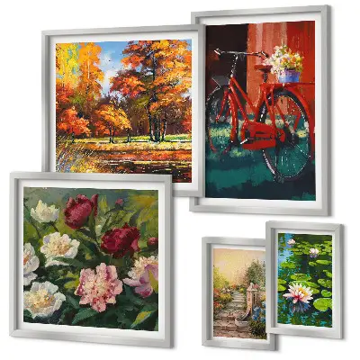 Billedsæt over sofa med motiv af blomstercykler i naturen