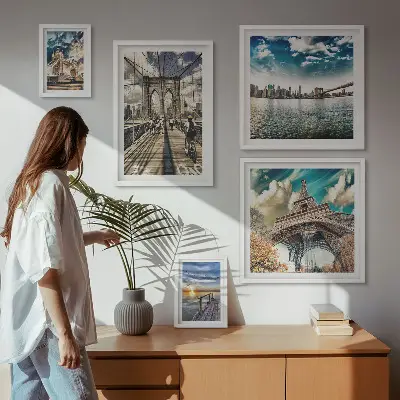 Billedsæt af bybroer og bystrukturer til ophængning over sofaen