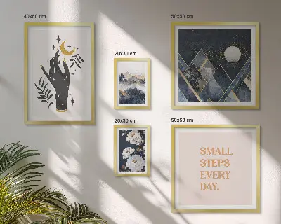 Billedsæt til væg over sofa i boho-stil med naturmotiver og citater