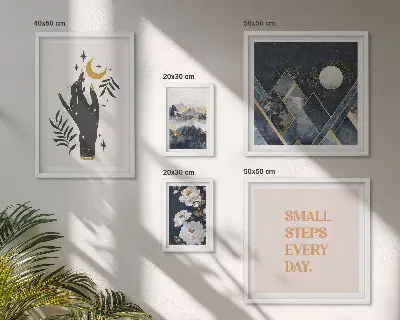 Billedsæt til væg over sofa i boho-stil med naturmotiver og citater