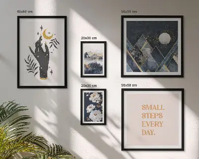 Billedsæt til væg over sofa i boho-stil med naturmotiver og citater