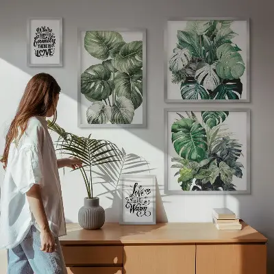 Billedkomposition til væg med plantemotiver og boho-citater