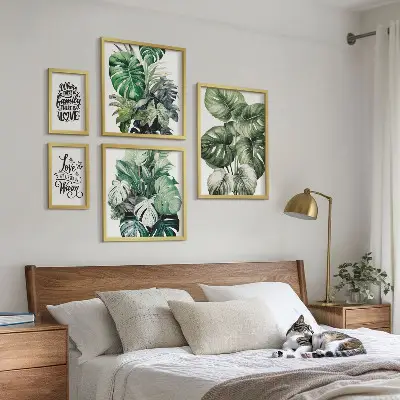 Billedkomposition til væg med plantemotiver og boho-citater