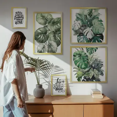 Billedkomposition til væg med plantemotiver og boho-citater
