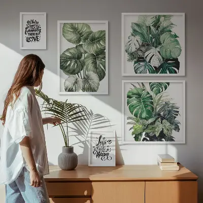 Billedkomposition til væg med plantemotiver og boho-citater