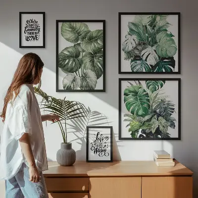 Billedkomposition til væg med plantemotiver og boho-citater
