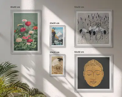 Billedsæt over sofa med asiatiske blomsterlandskaber
