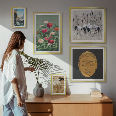 Billedsæt over sofa Asiatiske landskaber blomster